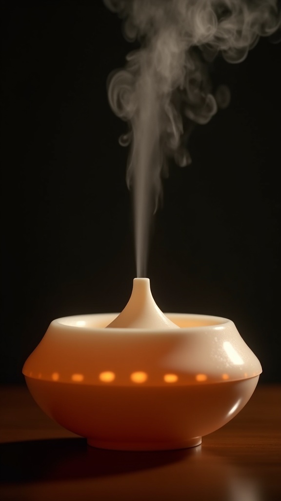 Close-up of the diffuser misting with warm light